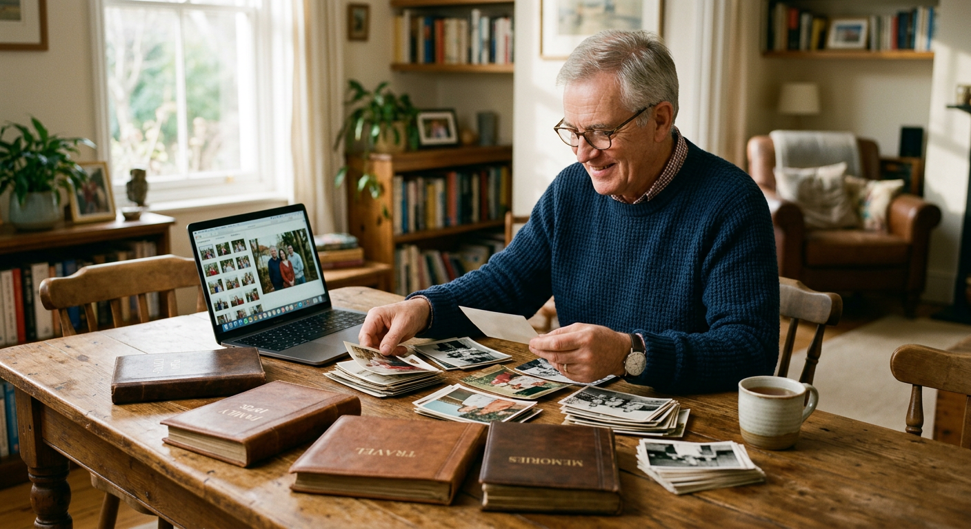 An older man organizing printed family photographs beside an open laptop