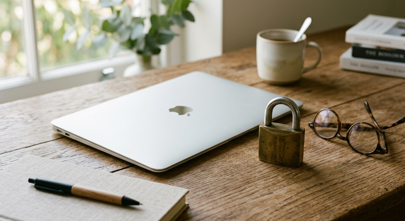 A laptop on a desk beside a brass padlock and reading glasses