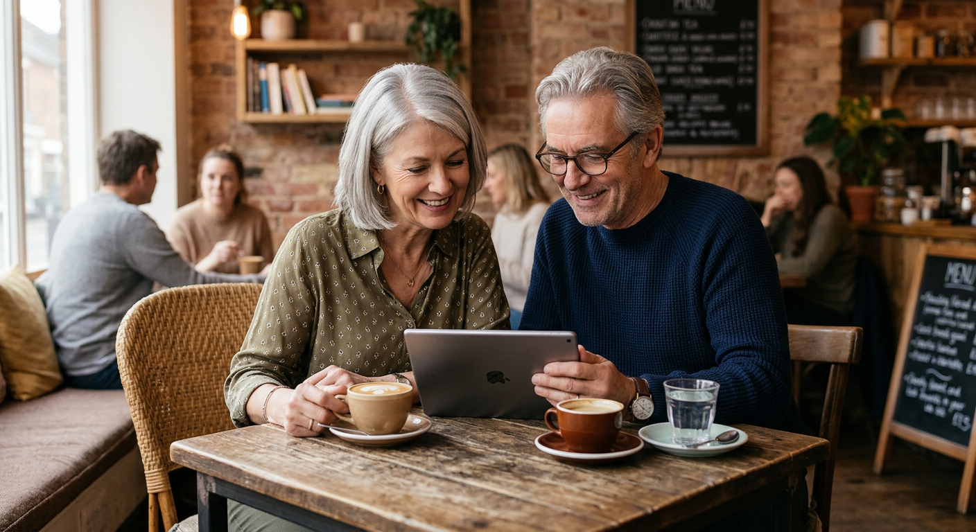 An older couple using a tablet together at a cafe table